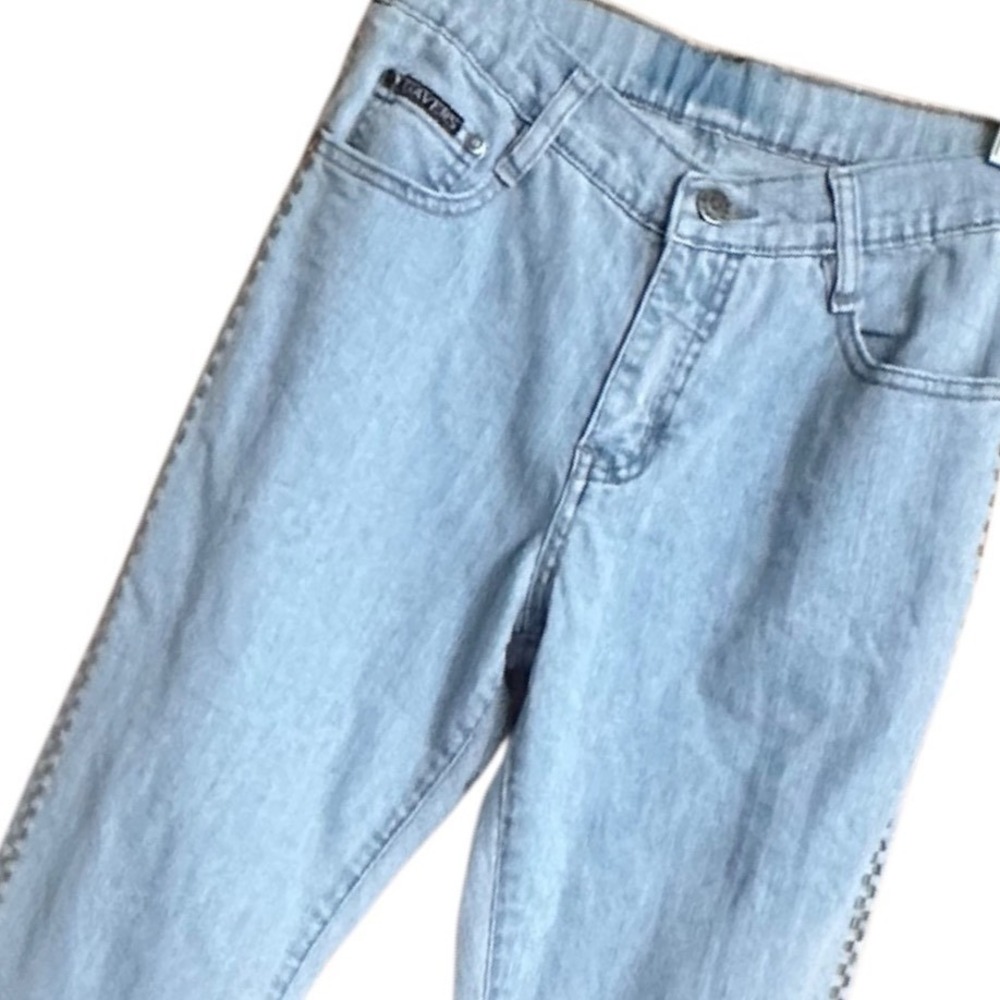Gavers Jeans Flared Womens Size 28 Light Blue Retro Boho Embroidered Checkers